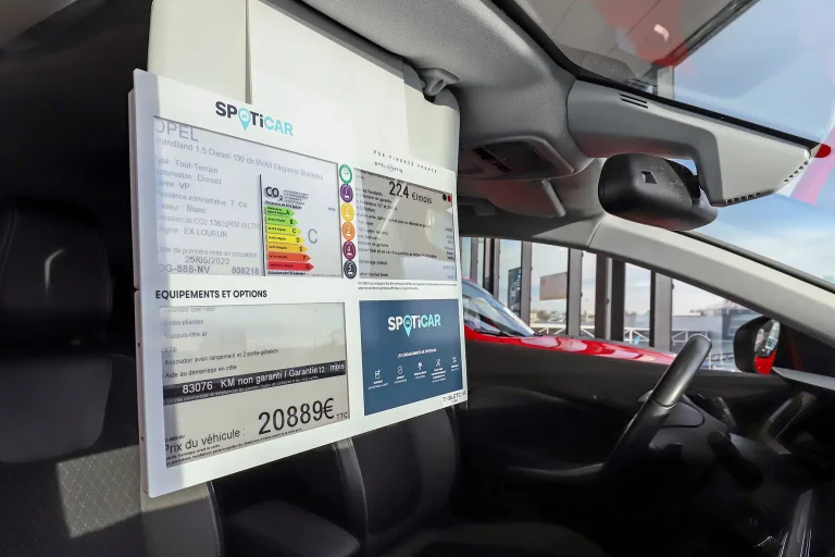 Étiquette E-INK Tabletcar affichée dans l’habitacle d’un véhicule