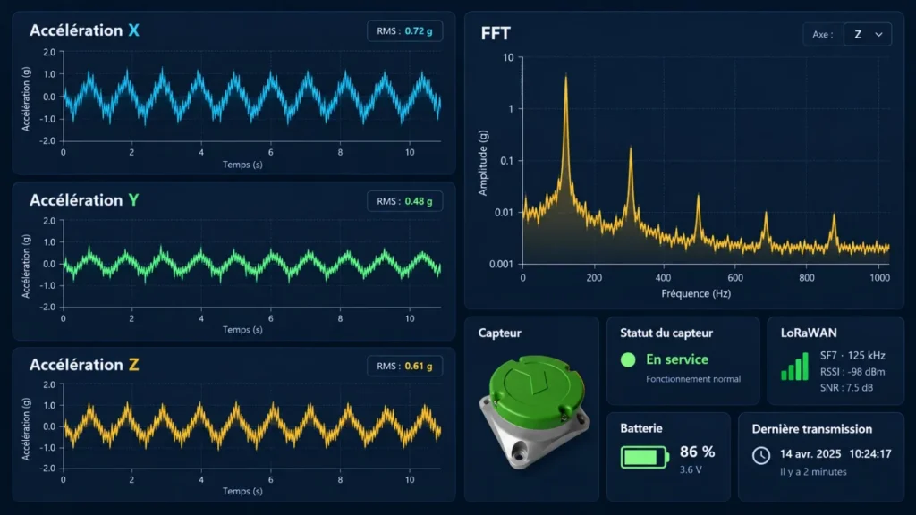 Tableau de bord du capteur : accélérations X, Y, Z, analyse FFT, batterie et liaison LoRaWAN